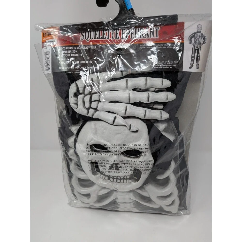 Scary Bones Skeleton Costume Kids Boys Large 12-14 Halloween NEW 6-Piece Set
